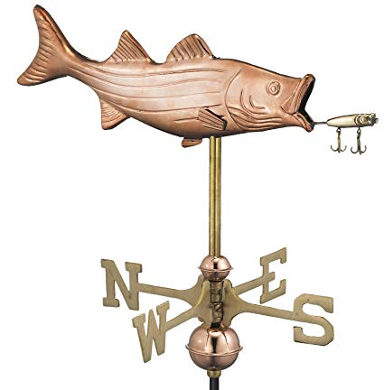 Good Directions Bass with Lure Cottage Weathervane, Includes Roof Mount, Pure Copper, Fish