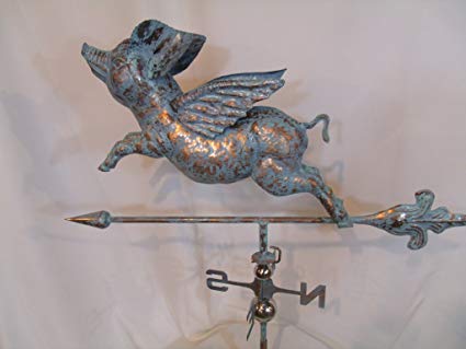 LARGE Handcrafted 3D 3- Dimensional FLYING PIG Weathervane Copper Patina Finish